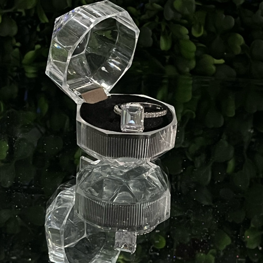 Step Cut Emerald Shape Half pave Band CZ ring Size 6